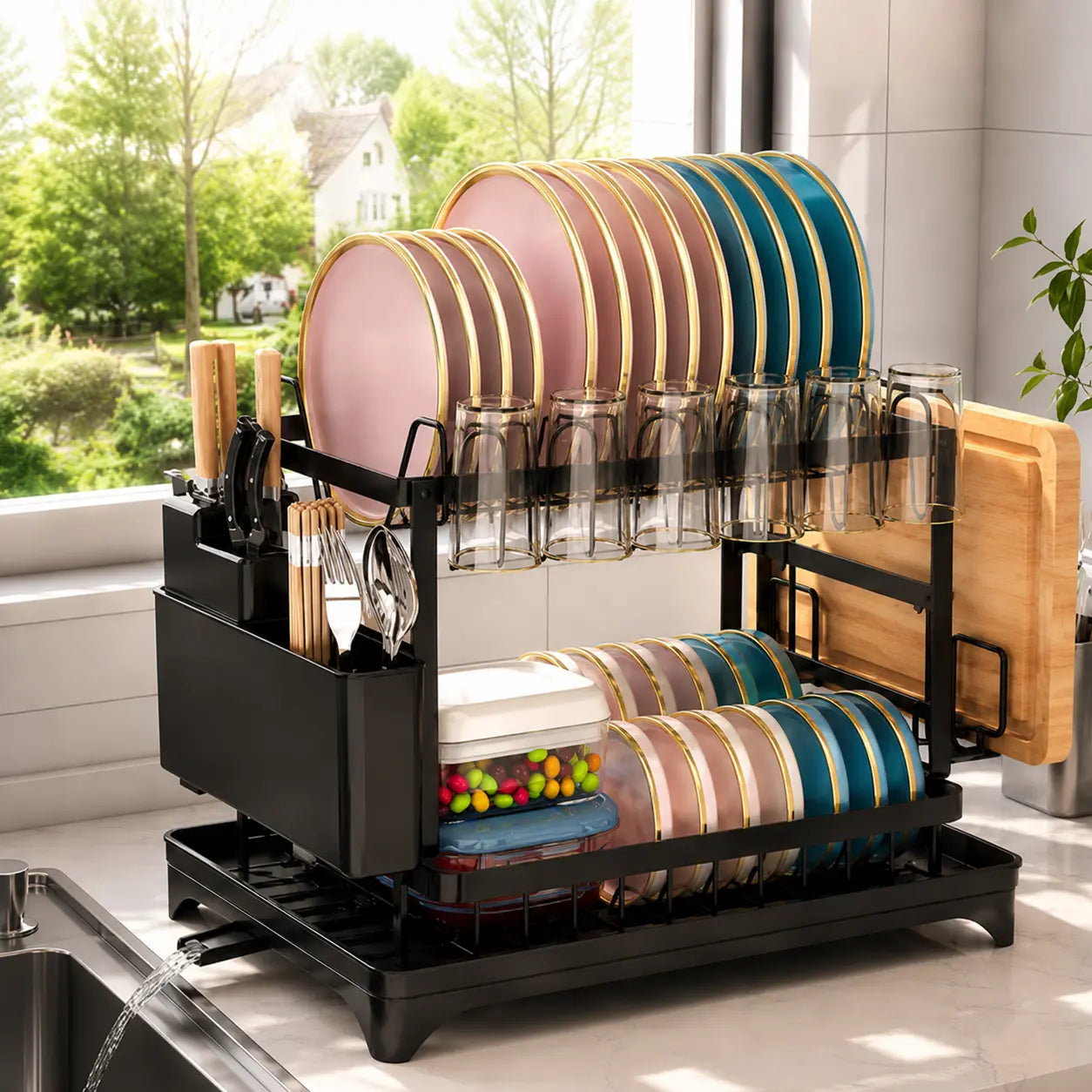 2-Tier Carbon Steel Dish Drying Rackwith Drain Tray Stable Anti-Slip KitchenCounter Organizer for Plates Bowls