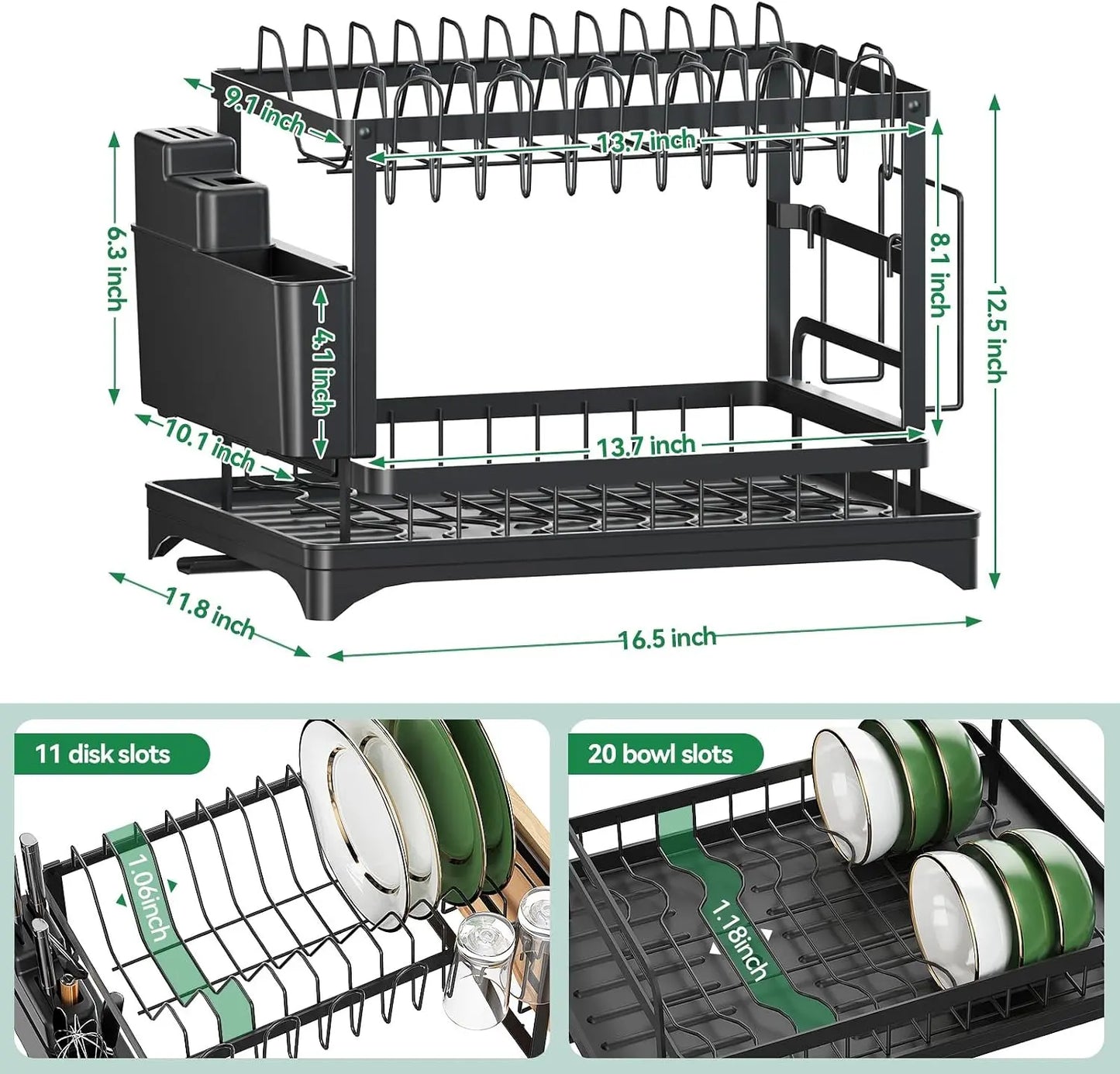 2-Tier Carbon Steel Dish Drying Rackwith Drain Tray Stable Anti-Slip KitchenCounter Organizer for Plates Bowls
