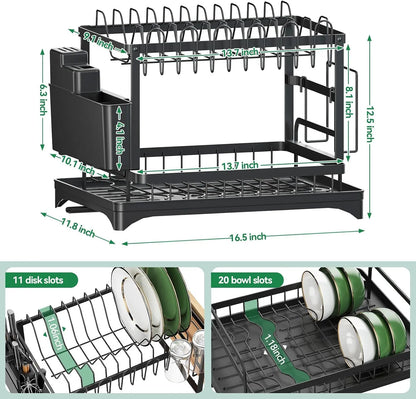 2-Tier Carbon Steel Dish Drying Rackwith Drain Tray Stable Anti-Slip KitchenCounter Organizer for Plates Bowls