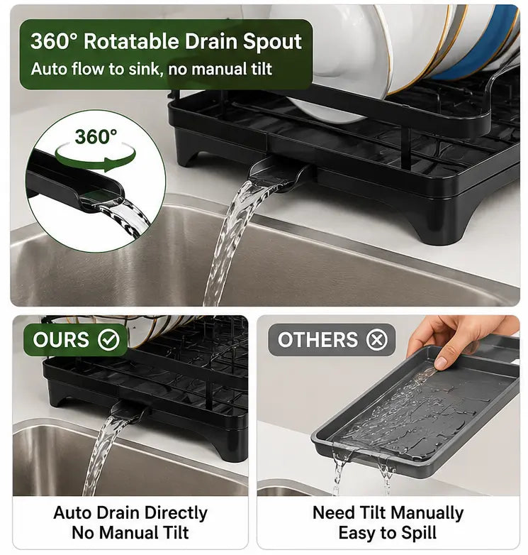 2-Tier Carbon Steel Dish Drying Rackwith Drain Tray Stable Anti-Slip KitchenCounter Organizer for Plates Bowls