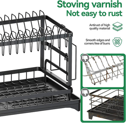 2-Tier Carbon Steel Dish Drying Rackwith Drain Tray Stable Anti-Slip KitchenCounter Organizer for Plates Bowls