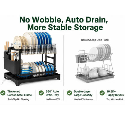 2-Tier Carbon Steel Dish Drying Rackwith Drain Tray Stable Anti-Slip KitchenCounter Organizer for Plates Bowls