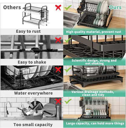 2-Tier Carbon Steel Dish Drying Rackwith Drain Tray Stable Anti-Slip KitchenCounter Organizer for Plates Bowls