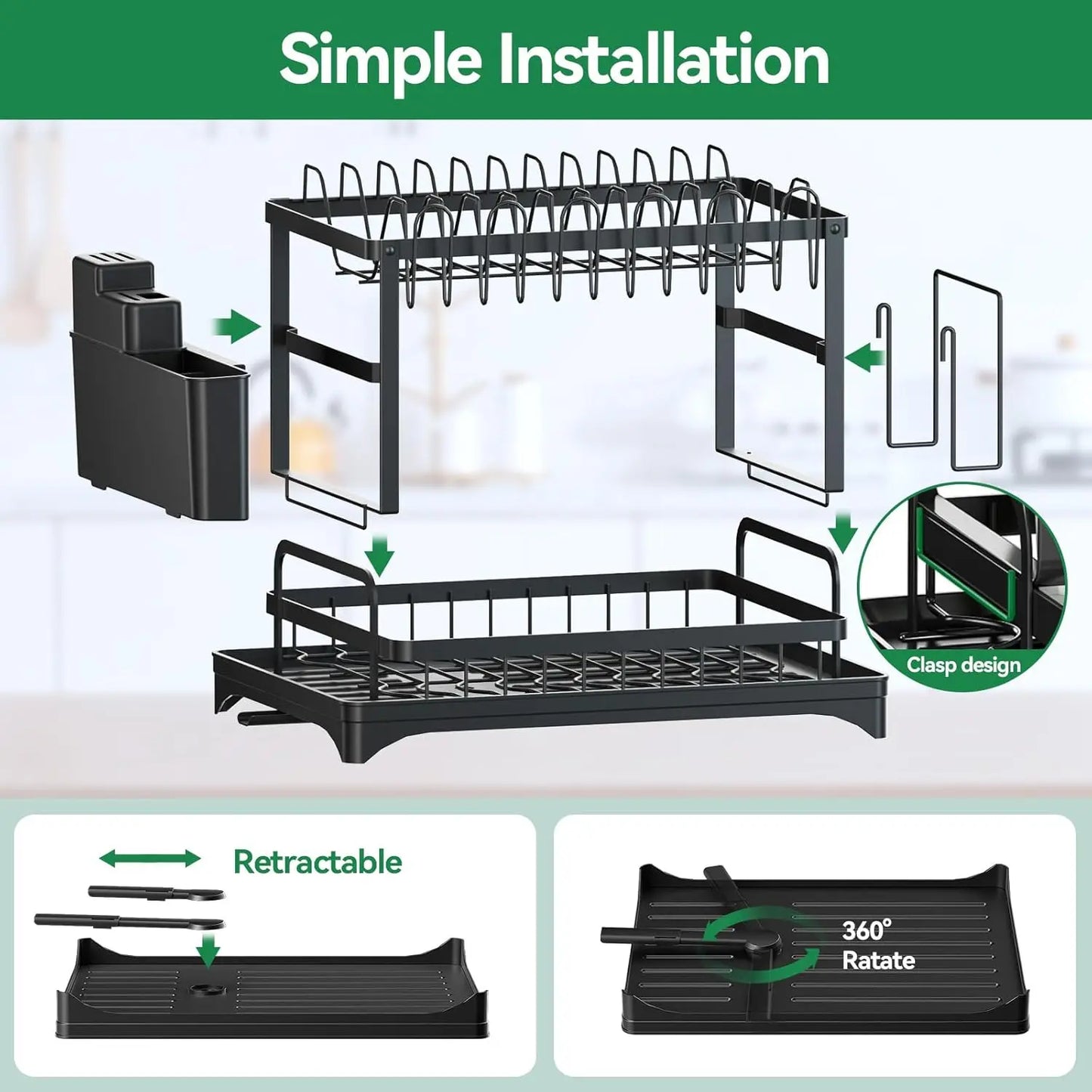 2-Tier Carbon Steel Dish Drying Rackwith Drain Tray Stable Anti-Slip KitchenCounter Organizer for Plates Bowls