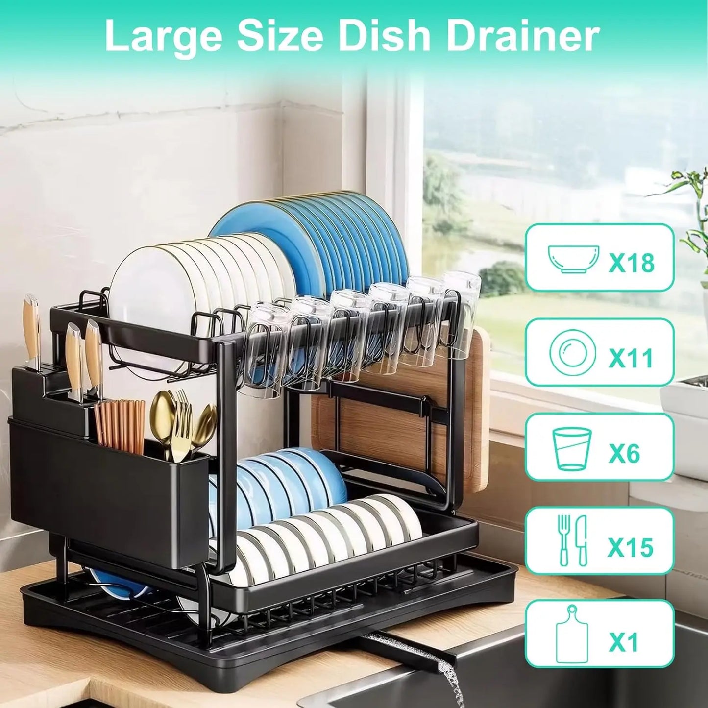 2-Tier Carbon Steel Dish Drying Rackwith Drain Tray Stable Anti-Slip KitchenCounter Organizer for Plates Bowls
