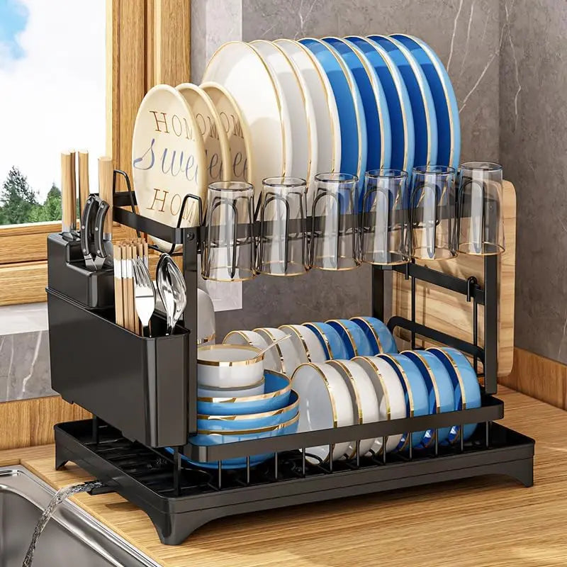 2-Tier Carbon Steel Dish Drying Rackwith Drain Tray Stable Anti-Slip KitchenCounter Organizer for Plates Bowls