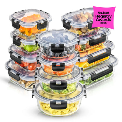 12-Piece Glass Meal PrepContainers with AirtightLocking Lids - BPA-FreeBorosilicate Food StorageContainers, Leakproof,Stackable, Microwave,Oven, Freezer &Dishwasher Safe