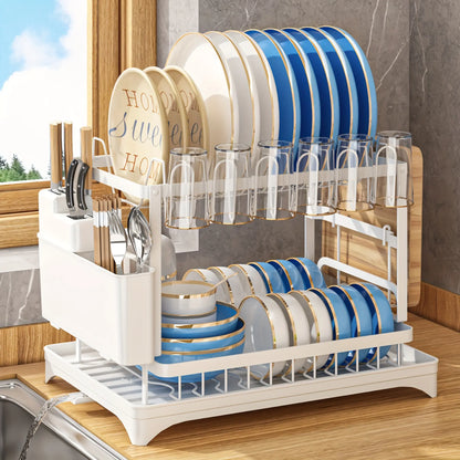 2-Tier Carbon Steel Dish Drying Rackwith Drain Tray Stable Anti-Slip KitchenCounter Organizer for Plates Bowls